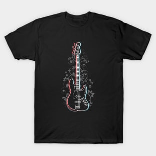 Bass Guitar 3D Outline Flowering Vines T-Shirt